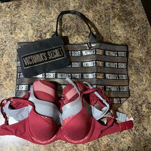collection of 3 Victoria Secret size 32DD bras PLUS a black/silver sequin tote